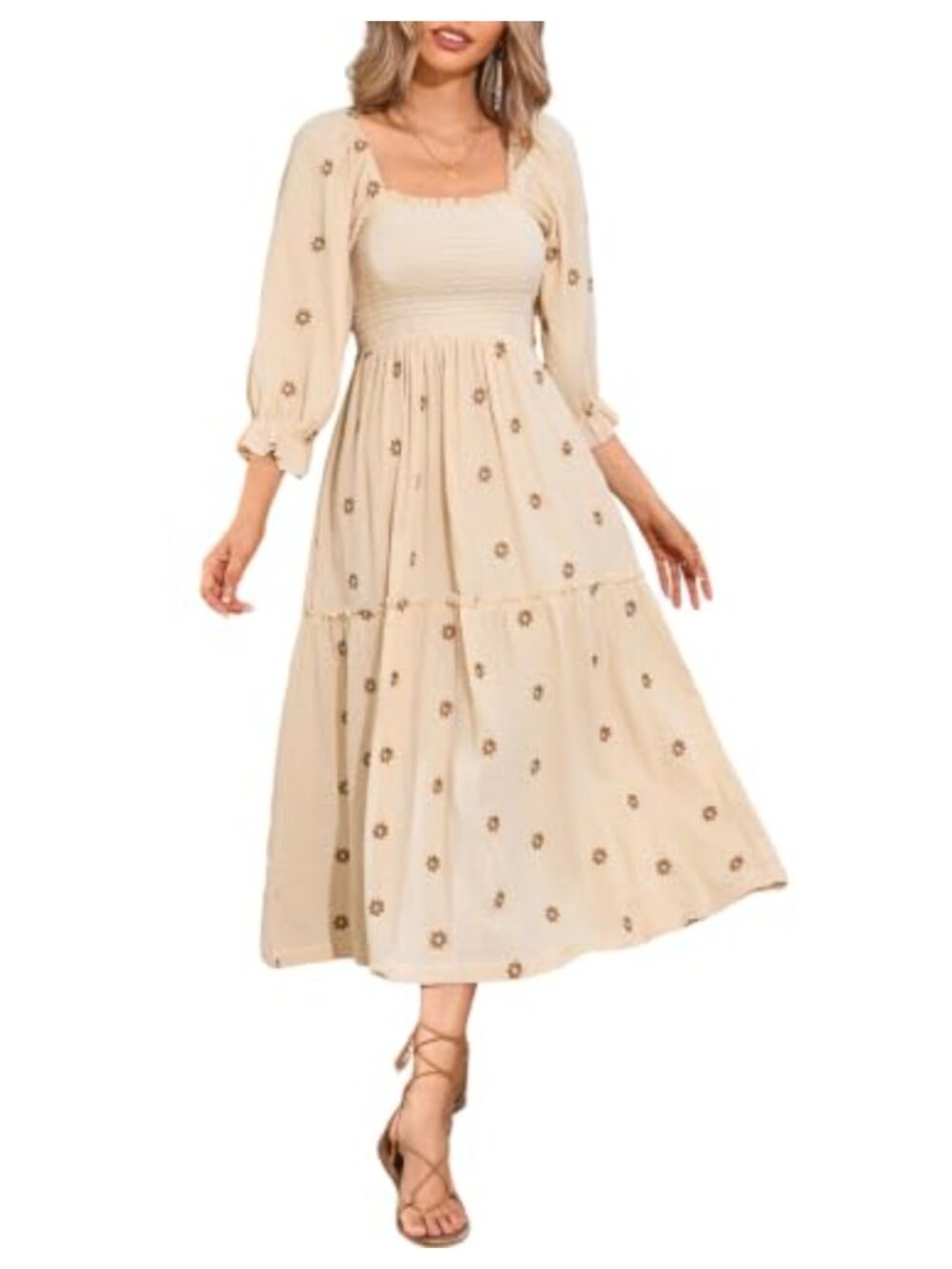 Women's Cotton Boho Midi Dress Floral Embroidered Square Neck